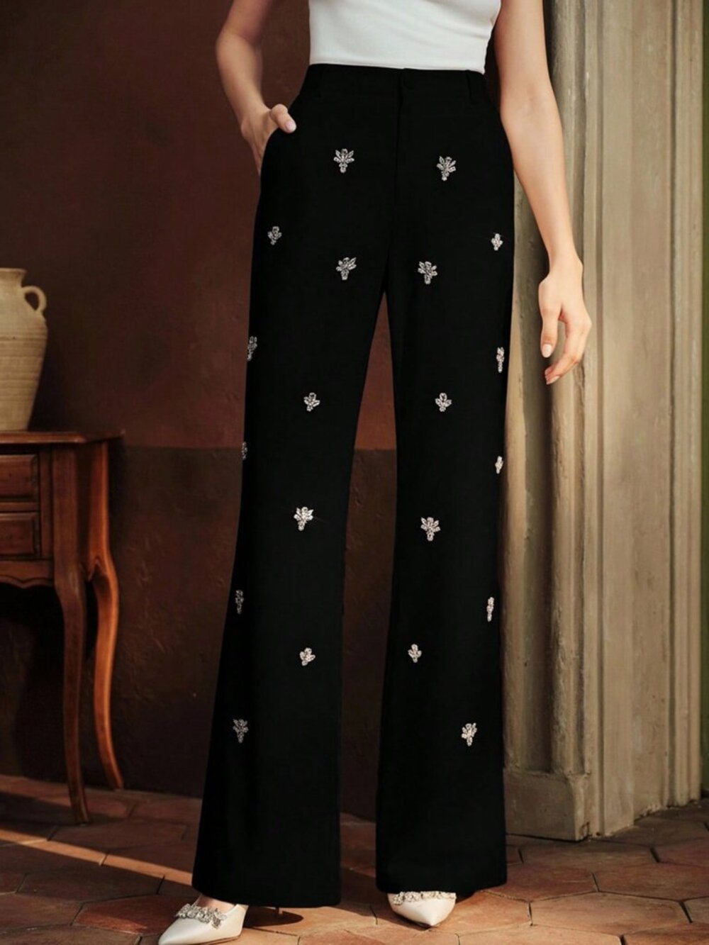 Black Casual Women's Elegant Rhinestone Pocket Zipper Fly Flared Leg Pants - Picture 6 of 7